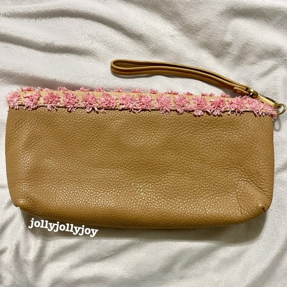 NWOT Fossil Preston Large Pink/Violet Straw Leather Folder Wristlet Pouch - Picture 2 of 12